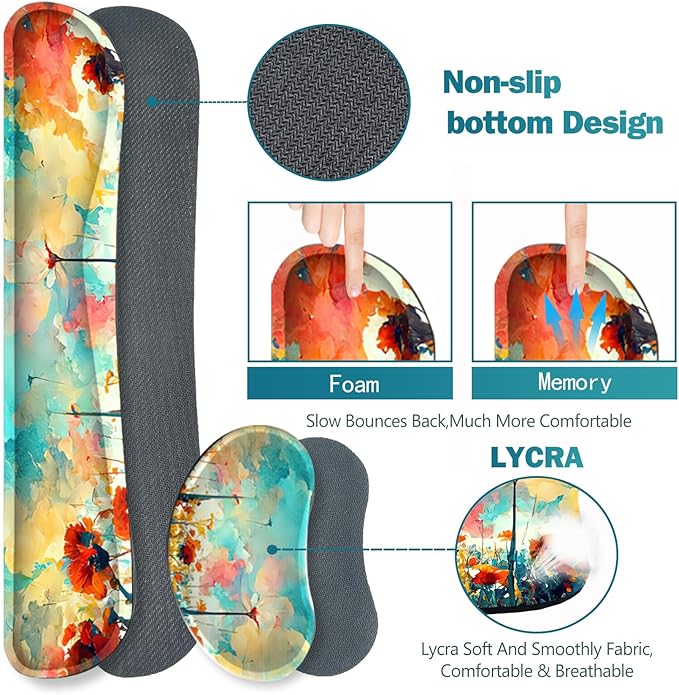 ARTSO Gaming Mouse Pad Wrist Support Set, XXL Large Desk Mat Mousepad + Keyboard Wrist Support+ Mouse Wrist Rest+Coaster 4in1 Ergonomic, Stitched Edge for Home Office -Oil Painting Flowers Plants
