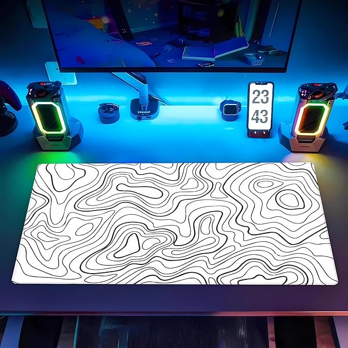 White and Black Topographic Abstract Art Desk Mat - Large XL Gaming Mouse Pad with Stitched Edges, Full Desk Keyboard & Mouse Pad for PC, Laptop, Office Decor (31.5"x15.7")