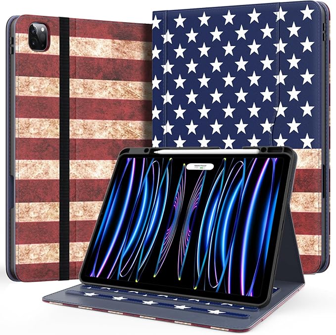 Zonefoker Case for New iPad Pro 12.9 inch 6th/5th/4th/3rd Generation 2022/2021/2020/2018, 12.9'' ipad Pro Leather Folio Protective Cover 6/5/4/3 Gen with Pencil Holder, Auto Wake/Sleep, Flag