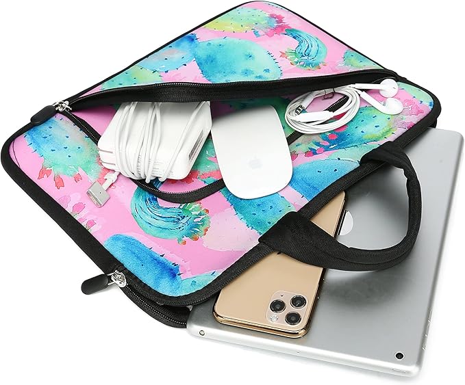 14 15 15.4 15.6 inch Laptop Handle Bag Computer Protect Case Pouch Holder Notebook Sleeve Neoprene Cover Soft Carrying Case with Extra Pockets for Dell Lenovo HP Chromebook (Colorful Cactus)