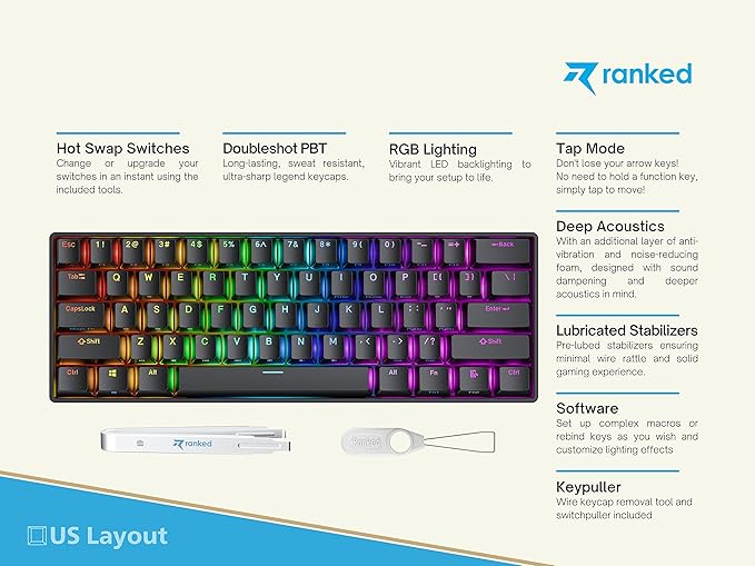 Ranked N60 Nova 60% Form Factor | Hot Swappable Mechanical Gaming Keyboard | 61 Keys Multi Color RGB LED Backlit for PC/Mac Gamer (Black, Gateron Blue)