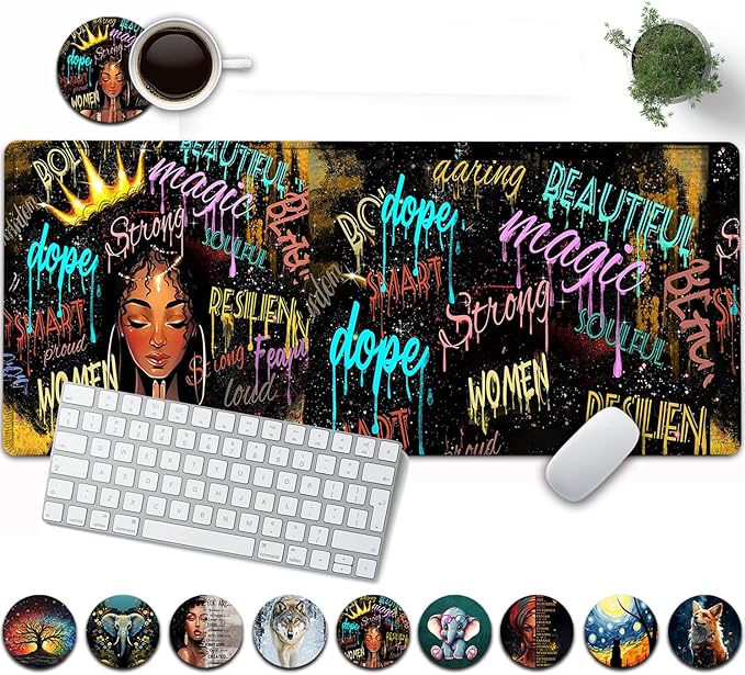 Large Mouse Pad, 31.5 x 11.8in Extended Gaming Mouse Pad with Stitched Edges,XXL Mousepad Protector Non Slip Rubber Base for Office Home Writing Mat,African American Black Women Graffiti Girl Desk Mat
