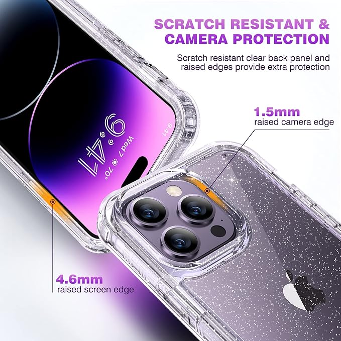 Diaclara Designed for iPhone 14 Pro Max Case 6.7’’ [2023 Upgraded], Full Body Rugged Case w/Built-in Touch Sensitive Anti-Scratch Screen Protector+9H Glass Camera Lens Protector(Clear Glitter)