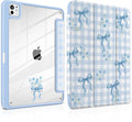 TWOLSKOO Case for iPad Pro 11-inch (M5 2025 / M4 2024), Clear Acrylic Back with TPU Bumper, Pencil Holder, Trifold Stand, Auto Sleep/Wake, Blue Gingham Bows