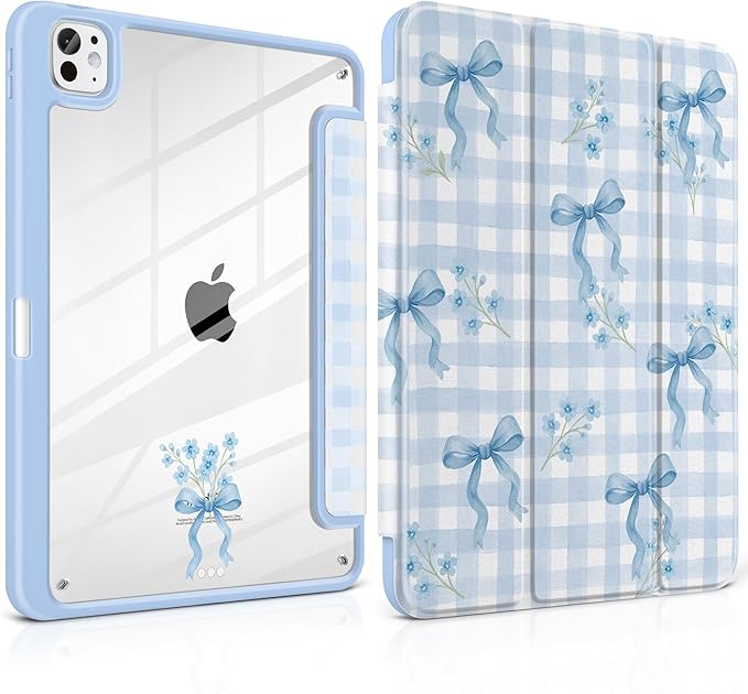 TWOLSKOO Case for iPad Pro 11-inch (M5 2025 / M4 2024), Clear Acrylic Back with TPU Bumper, Pencil Holder, Trifold Stand, Auto Sleep/Wake, Blue Gingham Bows