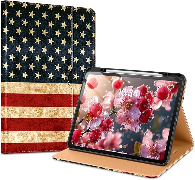 VIKESI Case for iPad Pro 13 (M4) 2024, Leather Stand Cover with Apple Pencil Holder, Auto Wake/Sleep, Multiple Viewing Angles, Built in Hand Strap & Pocket, US Flag