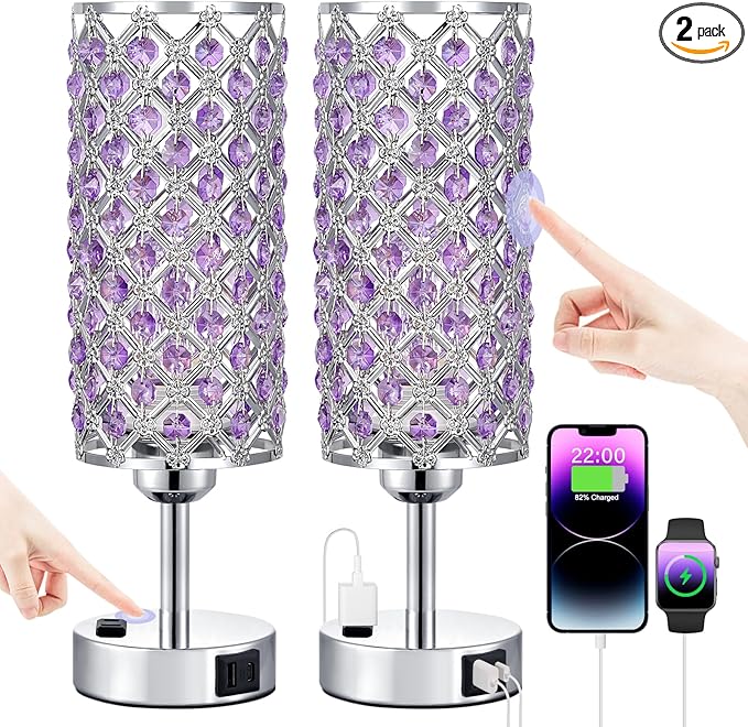 Hong-in Crystal Lamps Set of 2, 3 Way Dimmable Touch Lamp with Crystal Shade, Bedside Nightstand Lamps for Living Room Bedroom Home Office(Purple)