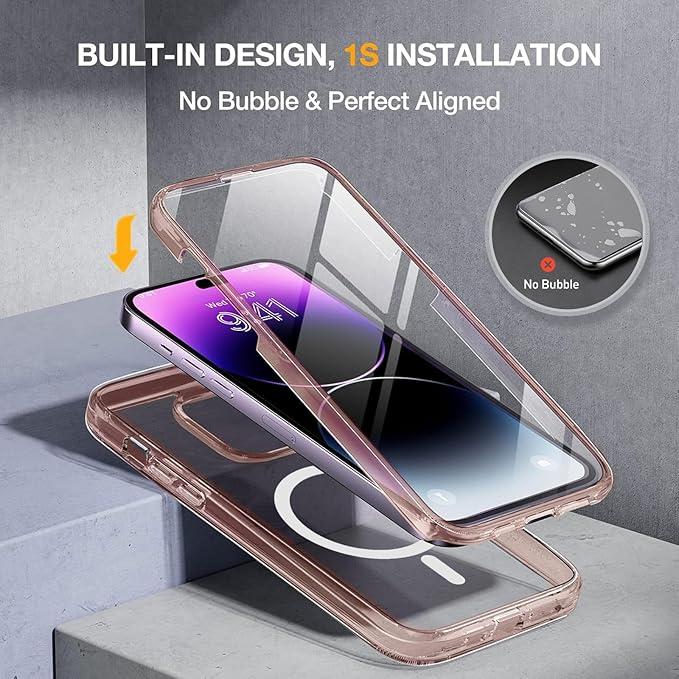 Miracase Magnetic for iPhone 14 Pro Case 6.1 inch, (Compatible with MagSafe) Upgrade Full-Body Clear Phone Bumper Case with Built-in 9H Tempered Glass Screen Protector, Magnetic Clear Pink