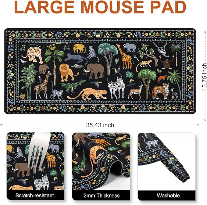 L-SPOUTTO Jungle Animal Desk Mat for Keyboard and Mouse,XXL Large Mouse Pad Non-Slip Keyboard Pad Waterproof Desktop Mat for Laptop Computer Work Game Home Office-Black