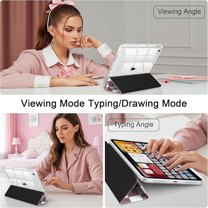 DONGKE for iPad Pro 11 inch Case – Fits M5 2025 / M4 2024, Shockproof Sparkling Glitter Acrylic Back, Pencil Holder, Trifold Stand, Auto Sleep/Wake & Touch ID Support - Brown Checkerboard