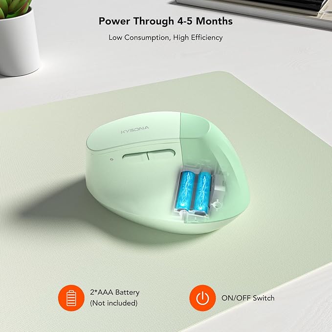 KYSONA EM18 Wireless Ergonomic Vertical Mouse, Ergo Design, Bluetooth Cordless Mouse for Medium/Large Hands, Silent Click, 5-Level Adjustable DPI, Carpal Tunnel Mice for Computer/PC/Mac/Laptop, Green