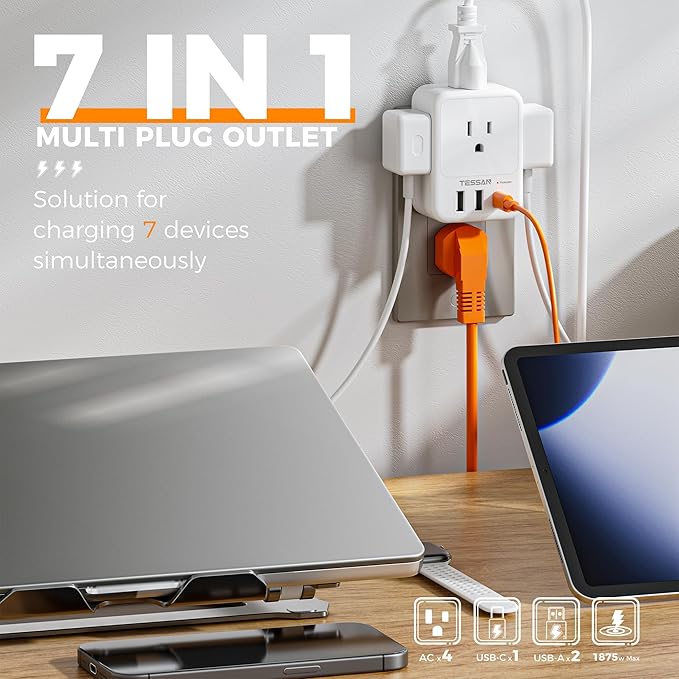 TESSAN Surge Protector Wall Outlet Extender, Multi Plug Outlet Splitter with 3 USB Charging Blocks(1 USB C), Multi Plug Wall Charger for Home, Office, School, College Dorm Essentials, White