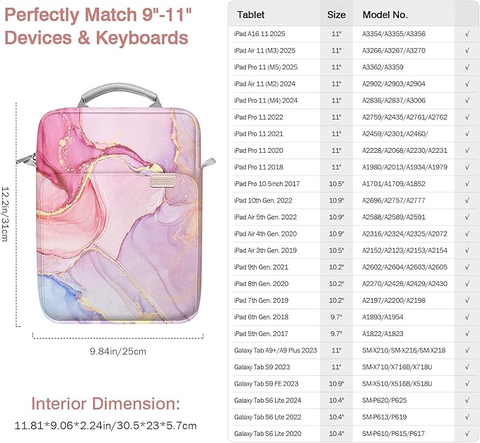 MoKo 9-11 Inch Tablet Sleeve Bag Handle Carrying Case with Shoulder Strap Fits iPad Pro/Air/A16 11 inch,iPad 10th 10.9,i-Pad 9/8/7th 10.2,iPadAir 5/4th 10.9,i-Pad 9.7,Tab S8/S9 11", Cloudy Pink