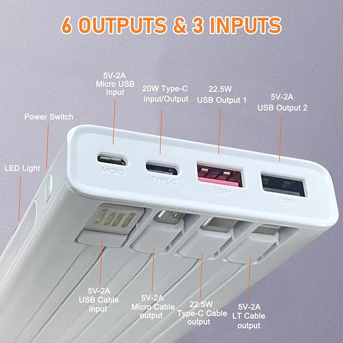 Portable Charger with Built in Cables,Mandarooker 10000mAh Power Bank with LED Lamp Fast Charging USB C External Battery Pack Phone Charger with LED Display for iPhone, Samsung and Cell Phones(White)