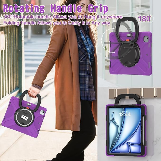SCSVPN Case for iPad Air 13 inch M4 2026/ M3 2025/ M2 2024 & iPad Pro 12.9'' Case 6th/5th/4th/3rd Gen 2022 2021 2020 2018, Protective Cover with Pencil Holder, Stand, Handle, Shoulder Strap, Purple