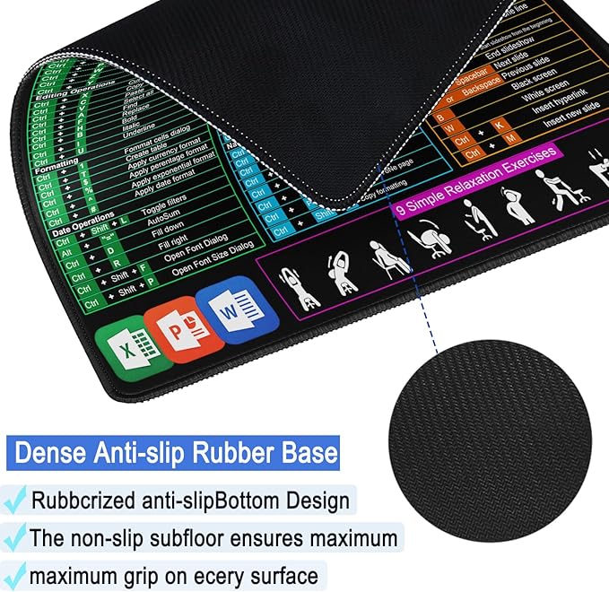 Excel Shortcuts Mouse Pad, Large Mouse Pad with Double Stitched Edges, 14.9 x 11.7 inches Premium-Textured & Waterproof Mousepad, Nonslip Natural Rubber Base Mousepad for Laptop,Computer, Office