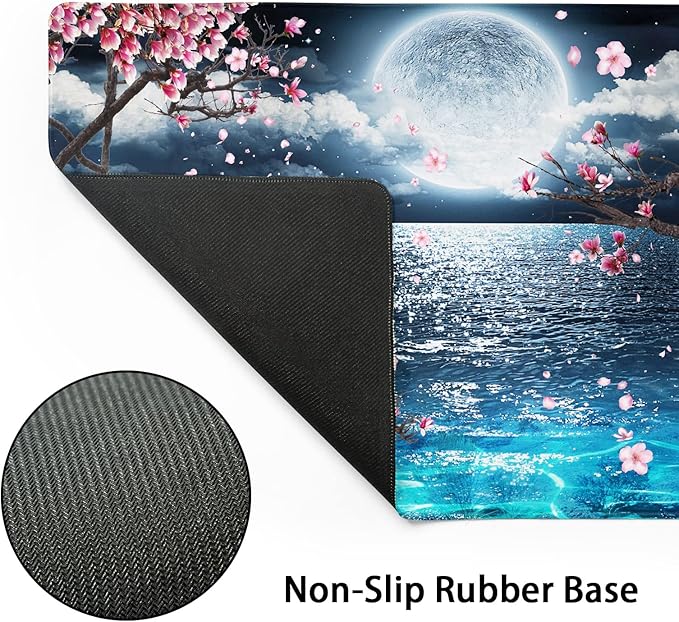 Pink Cherry Blossom Gaming Mouse Pad XXL Sakura Tree Blue Ocean Moon Night Extended Big Large Desk Mat Non-Slip Rubber Base Stitched Edge Long Keyboard Mousepad for PC Computer Laptop,35.4×15.7 in