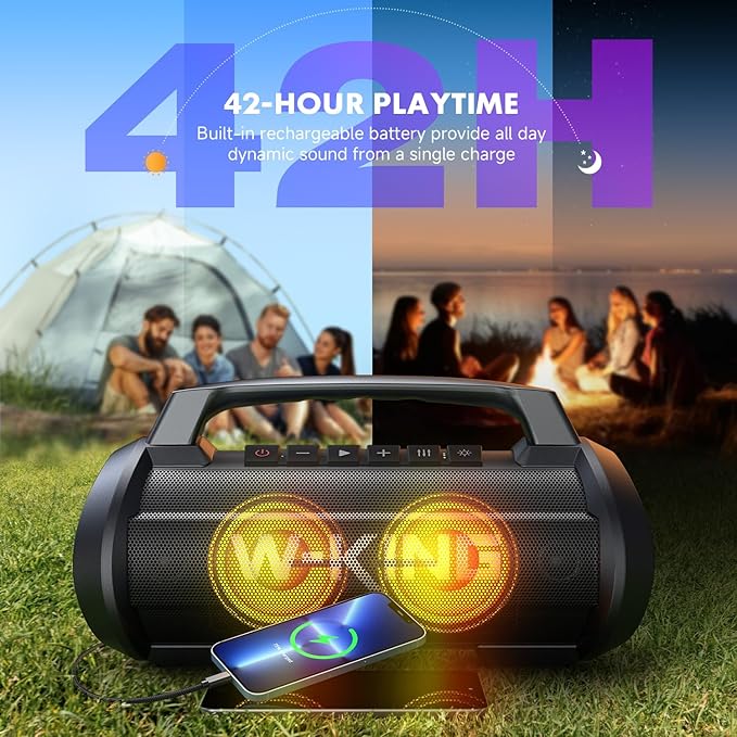 W-KING Portable Speakers Bluetooth Wireless, 120W Max Loudest Bluetooth Speaker, IPX6 Waterproof Outdoor Speaker with 70W Deep Bass/2*Subwoofer/DSP/EQ/42H/LED/MAC-in/TF/2 Pairing, Large Party Boombox