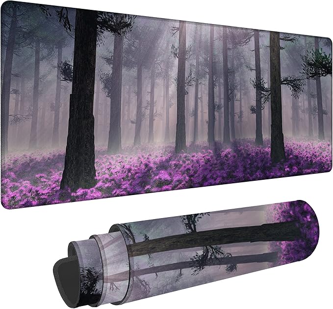 Gaming Desk Mat Large, Purple Misty Forest Extended Mousepad,Non-Slip Rubber Mouse Pad Stitched Edges,Desktop Decorative Accessories for Home Office 31.5" x 15.7"