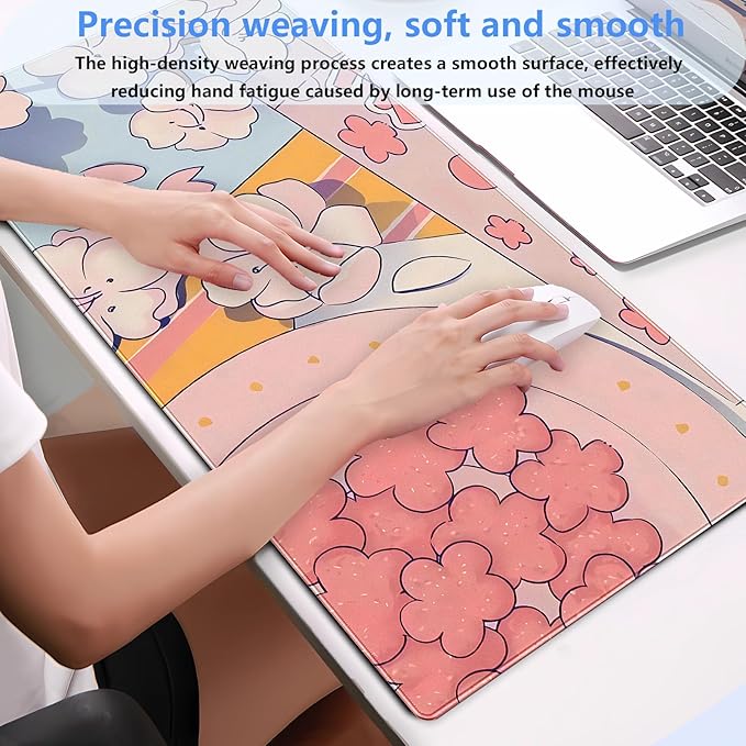 Pink Floral Mouse Pad XXL Cute Anime Gaming Desk Mat 31.5"x15.7", Thickened Rubber Base, Stitched Edge & Washable Design for Women, Office, Home