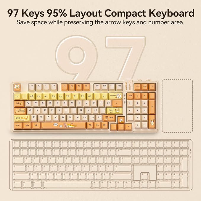 AUSDOM 98Pro Wireless Mechanical Keyboard, Tri-Mode Bluetooth/2.4GHz/USB-C Gasket Hot Swappable Custom Gaming Keyboard with Backlit, PBT Keycaps, Linear Switches, for Windows/Mac/PC (Yellow Cat Theme)