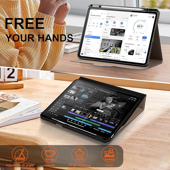 for iPad Air 13 inch Case 2024/2025/2026 M4/M3/M2 Model, Premium Smart Folio Cover with Auto Wake/Sleep, Apple Pencil 2 Holder, Multi-Angle Stand and Secure Buckle Closure (Black)