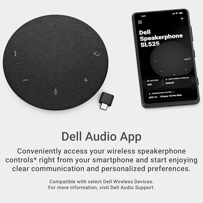 Dell Pro Plus Wireless Speakerphone - SL525 - USB-C, Zoom/Microsoft Teams Certified, Wired/Wireless, Bluetooth 5.3, Omni-Directional, AI-Based Noise Cancellation