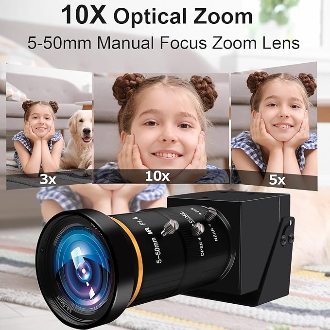 MMlove 4K HDMI USB Camera 30FPS Webcam 10X Variable Focus 5-50mm Lens H.265 2X Digital Zoom PC Streaming Close up Zoom in and Out Web Camera for Conference Classes