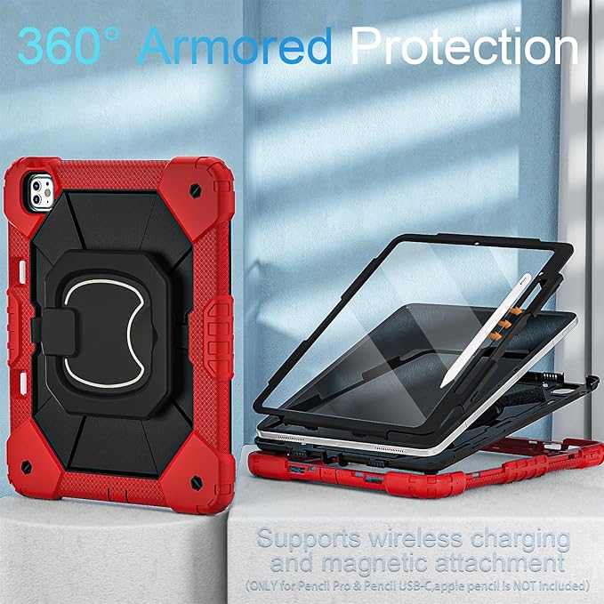 WESOROL for iPad Pro 13 Inch Case M5 2025/M4 (2024 Model,7th Gen) with Screen Protector/360° Rotating Stand/Pencil Holder/Shoulder Strap,Military Grade Shockproof iPad Case 13 Inch Pro M5/M4,Red Black
