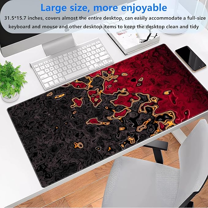 Red and Black Large Gaming Mouse Pad, Fluid Abstract Art Desk Mat 31.5x15.7 inch, Extended XL Non-Slip Micro-Fiber Surface with Natural Rubber Base for Computer Laptop, Home or Office Use