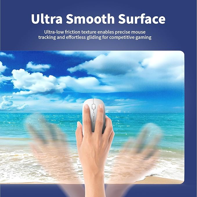 Wknoon. Extra Large Gaming & Office Mouse Pad (31.5" x 11.8") with Durable Stitched Edges – Tranquil Coastal Beach Scene with Clear Blue Waters and Puffy Clouds, Anti-Slip Base Extended XXL Desk Mat