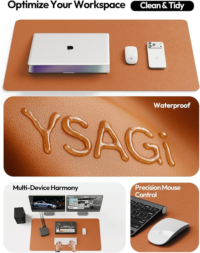 YSAGi Leather Desk Pad Protector, Office Desk Mat, Large Mouse Pad, Non-Slip PU Leather Desk Blotter, Laptop Desk Pad, Waterproof Desk Writing Pad for Office and Home (Brown, 31.5" x 15.8")