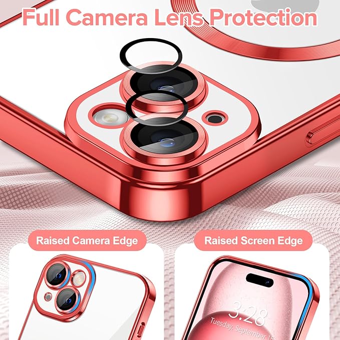Hython Magnetic Clear for iPhone 15 Case with Camera Lens Protector [Compatible with MagSafe] Luxury Plating Edge Slim Soft TPU Cover Protective Phone Case for iPhone 15 6.1", Red