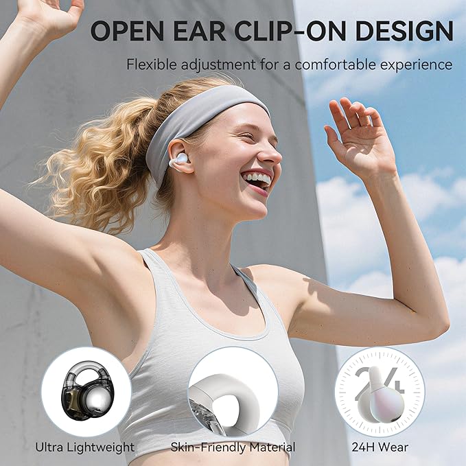 Oraolo Open Ear AC600 Headphones, Bluetooth 6.0 Wireless Earbuds with HiFi Stereo, Clip-On Earbuds with ENC Clear Call, 24H Playtime, Touch Control, IPX6 Waterproof Wireless Headphones for Outdoor
