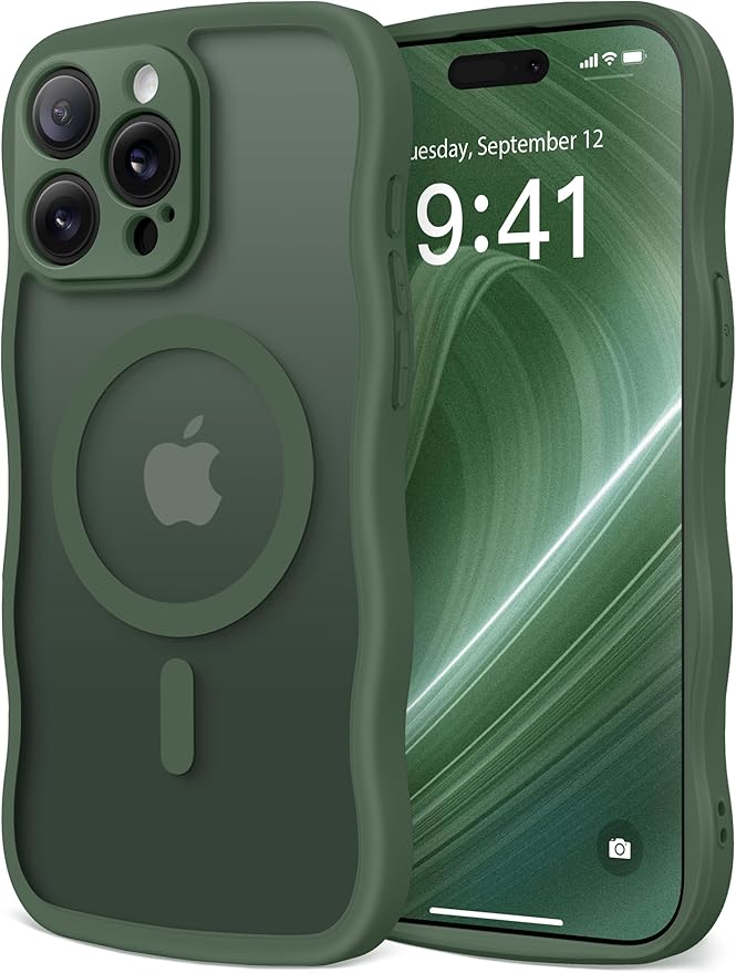 CAPRARO Cute for iPhone 13 Pro Max Case, Compatible with MagSafe, [Curly Wave Edge] [Full Camera Protection] [14 FT Drop Protection] Magnetic Phone Case for 13 Pro Max 6.7 Inch, Dark Green