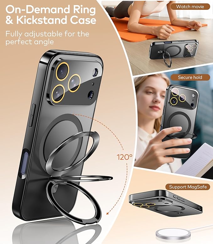 TOBOVON Magnetic for iPhone 17 Pro Case with Ring Stand, Fits MagSafe, with Built-in Camera Cover, Slim Electroplated Shockproof Phone Case, Black