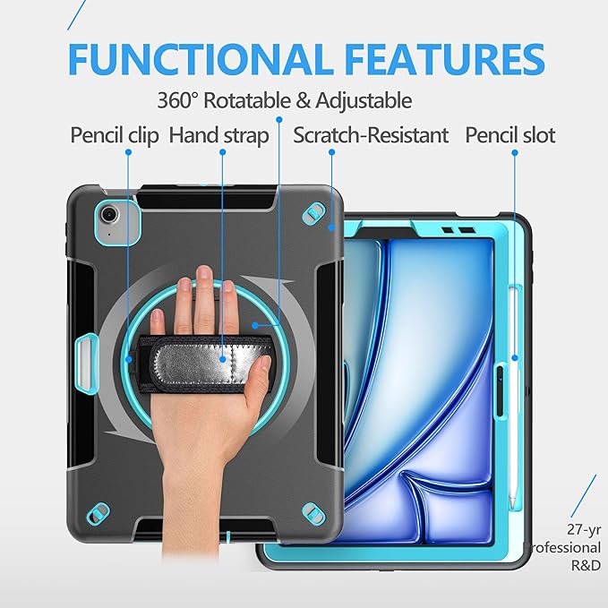 Case for iPad Air 11 M4 2026/ M3 2025/ M2 2024: TPU Cover for iPad Air 5th & 4th Generation 10.9 Inch (2020/2022) with Screen Protector- Stand- Handle- Shoulder Strap- Pencil Holder