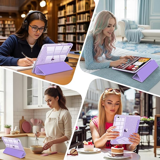 DONGKE for iPad Pro 11 inch Case – Fits M5 2025 / M4 2024, Shockproof Sparkling Glitter Acrylic Back, Pencil Holder, Trifold Stand, Auto Sleep/Wake & Touch ID Support - Purple Polka Dot