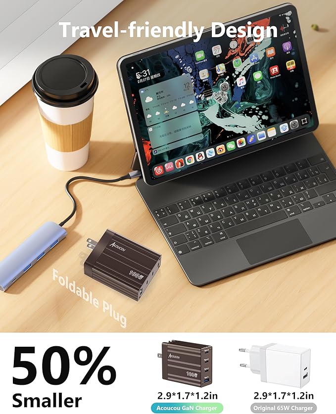 ACOUCOU 100W USB C Charger, 4-Port GaN Fast Charging Foldable Compact Laptop Charger Power Adapter for MacBook, Ipad, iPhone, Galaxy S24 Ultra, Steam Deck, Google Pixelbook and More