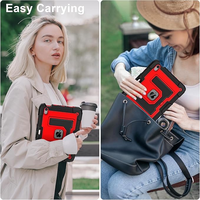 Kids Friendly Case for iPad Air 11 Inch M4 M3 M2 2026/2025/2024 Case with Pencil Holder & Shoulder Strap, Military Grade Shockproof Kickstand Hard Shell Protective Cover,Black+Red