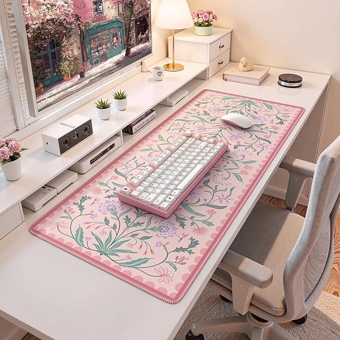 iLeadon Desk Mat Pink, Large Floral Mouse Pad for Desks with Smooth Lycra Surface, Long Full Desk Mouse Cushion for Laptop, Keyboard Mat for Office, Home, Light Pink