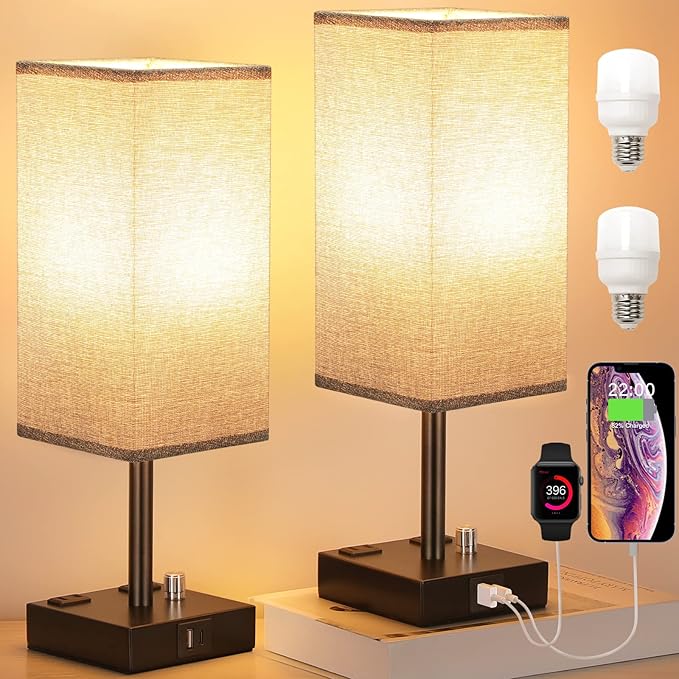 aooshine Gray Fully Dimmable Nightstand Lamps Set of 2 - Table Bedside Lamp with USB C+A Charging Ports & 2 AC Outlets, Square Lamp Sets Linen Fabric Shade for Bedroom Living Room(Bulb Included)
