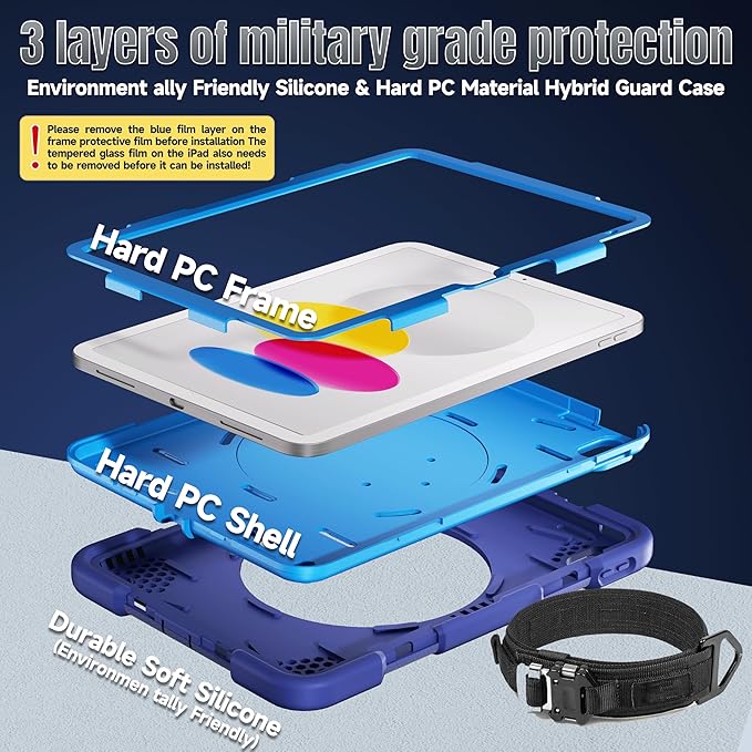 Andnary Case for iPad (A16) 11th /10th Generation 11/10.9 Inch 2025/2022 with Screen Protector/360° Rotate Stand/Shoulder Strap/Pencil Holder, Shockproof iPad 11th/10th Gen Cover (Navy+Blue)