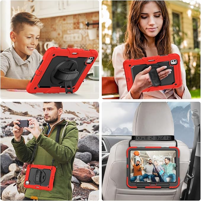 iPad Pro 11 Inch M4 Case 2024 for Kids with Screen Protector Pen Holder | Heavy Duty Shockproof Cover W/Stand Hand Strap Shoulder Strap for iPad Pro 11'' Model A2836/A2837/A3006 | Red