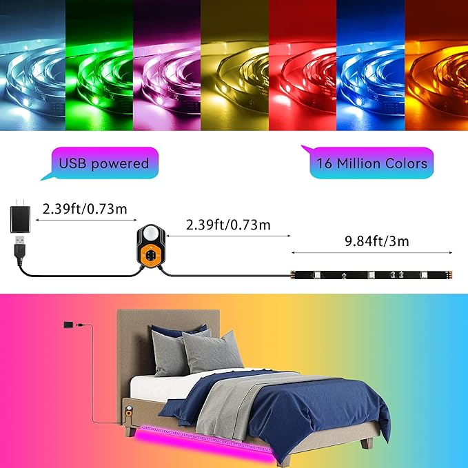 Under Bed Lights Motion Sensor LED Light Strip, 9.84ft 3 Mode RGB Motion Activated Bed Light with Music Sync and Timer, Color Changing Dimmable Night Lights with Remote Mother Day Gift