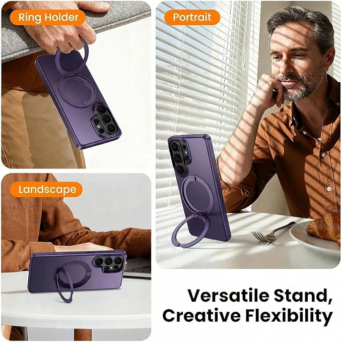360°Ring Stand for Samsung Galaxy S26 Ultra Case with 1X Screen Protector +1X Camera Cover,Fit for MagSafe, Translucent Matte Cover & Scratch-Resistant Back Cover for Galaxy S26 Ultra 6.9", Purple