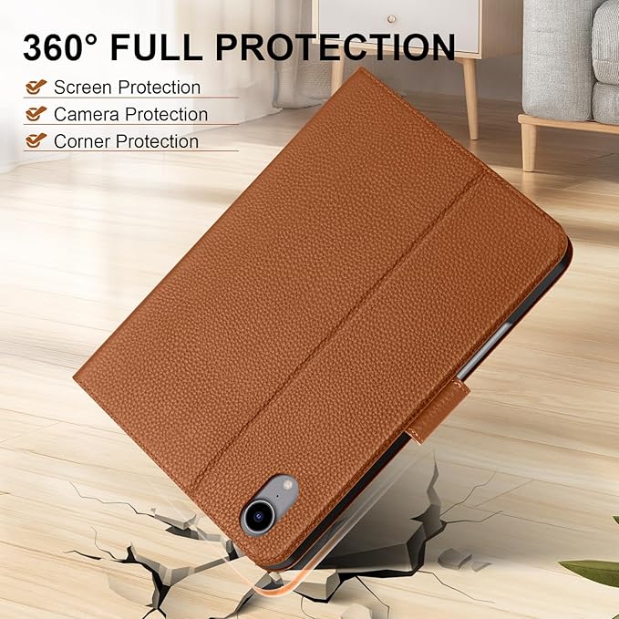 Genuine Leather Case for iPad mini 7th/6th Gen 8.3 Inch 2024/2021 | with Pencil Holder and Adjustable Stand, Magnetic Closure, Auto Wake/Sleep Cover | Brown