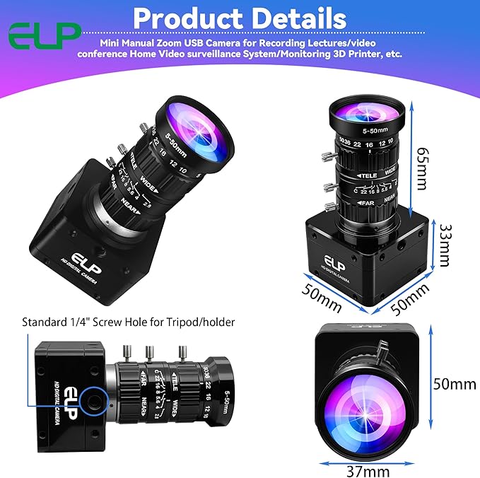 ELP High Speed USB Zoom Camera, 1080P/230fps, 4K/60fps, 12MP/30fps, USB3.0/2.0 Manual Focus Lightburn Cameras for Windows, Linux, Mac, Pi, Fast Frame 5-50mm 10X Zoom IMX577 Webcam for PC Jetson Nano