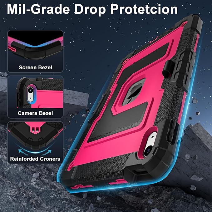 Kids Friendly Case for iPad A16 11th Generation 11 Inch 2025 / iPad 10th Generation 10.9" 2022 Case with Pencil Holder & Shoulder Strap, Hybrid iPad 11 10 Cover Rugged Shockproof Kickstand,Black+Rose