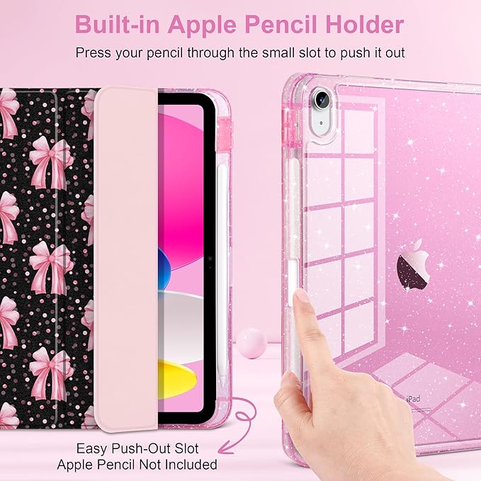 DONGKE for iPad Pro 11 inch Case – Fits M5 2025 / M4 2024, Shockproof Sparkling Glitter Acrylic Back, Pencil Holder, Trifold Stand, Auto Sleep/Wake & Touch ID Support - Pink Bows